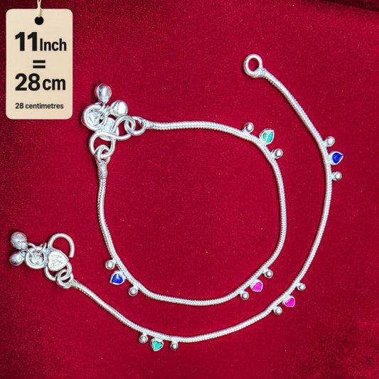 Traditional German Silver Anklet Set With Heart Design with Ball Chain, LIGHT WIGHT Pack of 2-11 Inch