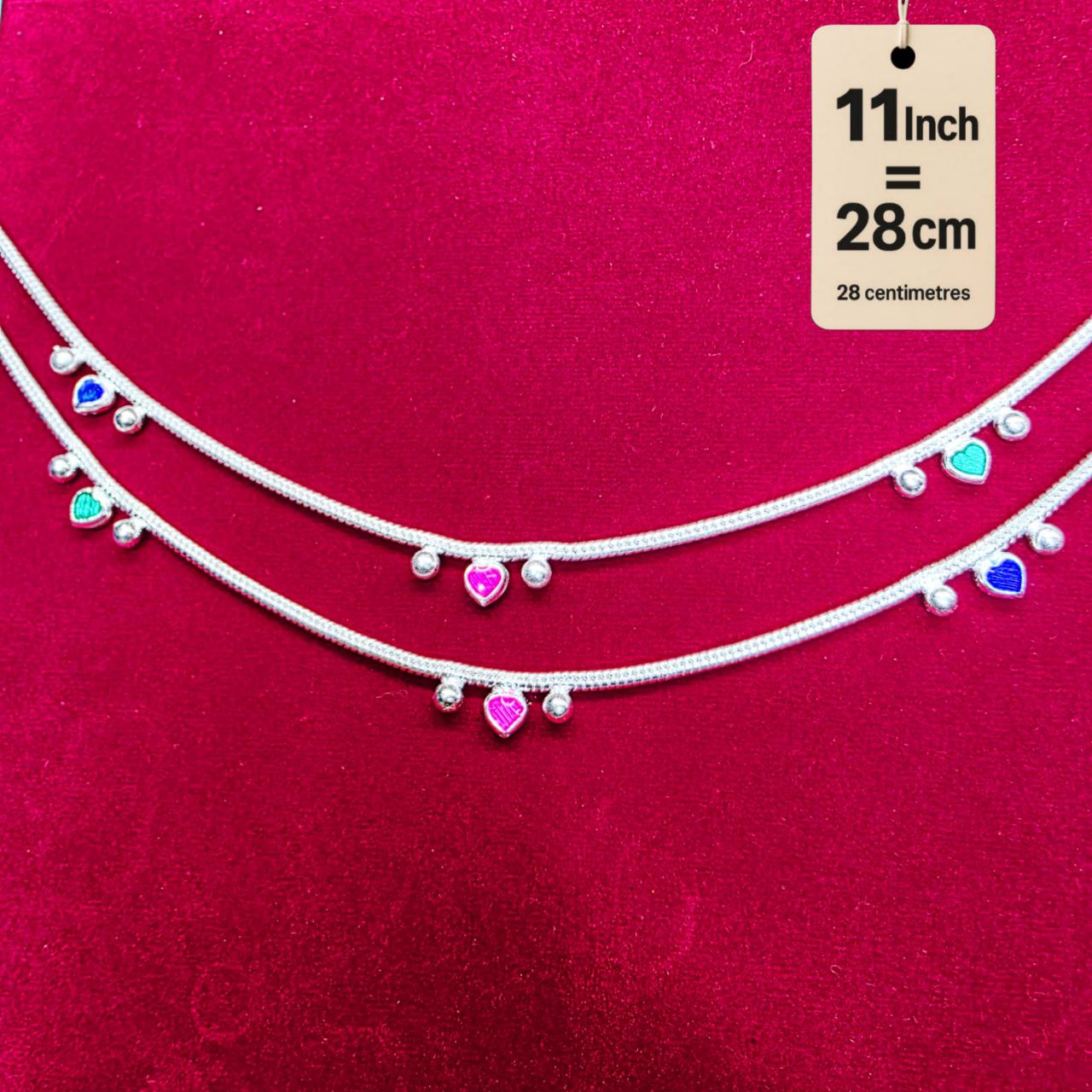 Traditional German Silver Anklet Set With Heart Design with Ball Chain, LIGHT WIGHT Pack of 2-11 Inch