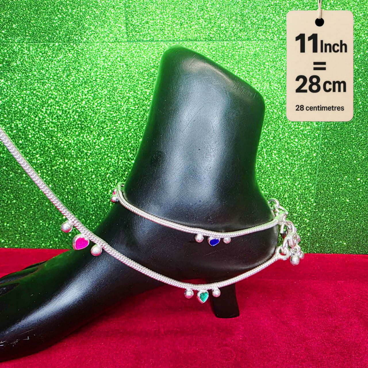 Traditional German Silver Anklet Set With Heart Design with Ball Chain, LIGHT WIGHT Pack of 2-11 Inch