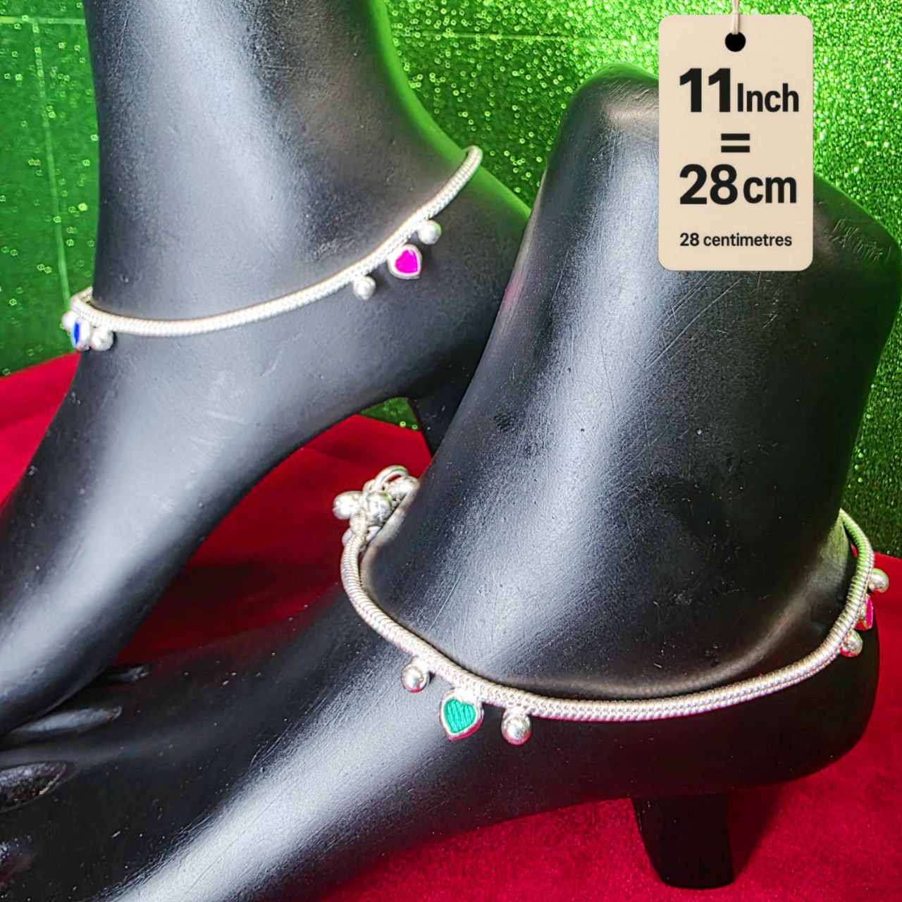 Traditional German Silver Anklet Set With Heart Design with Ball Chain, LIGHT WIGHT Pack of 2-11 Inch