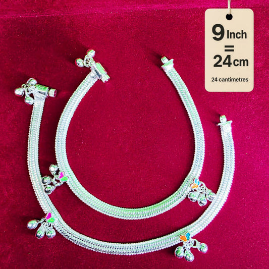 Traditional German Silver Anklet Set With butterfly Design with fancy Chain, LIGHT WIGHT Pack of 2-9 Inch