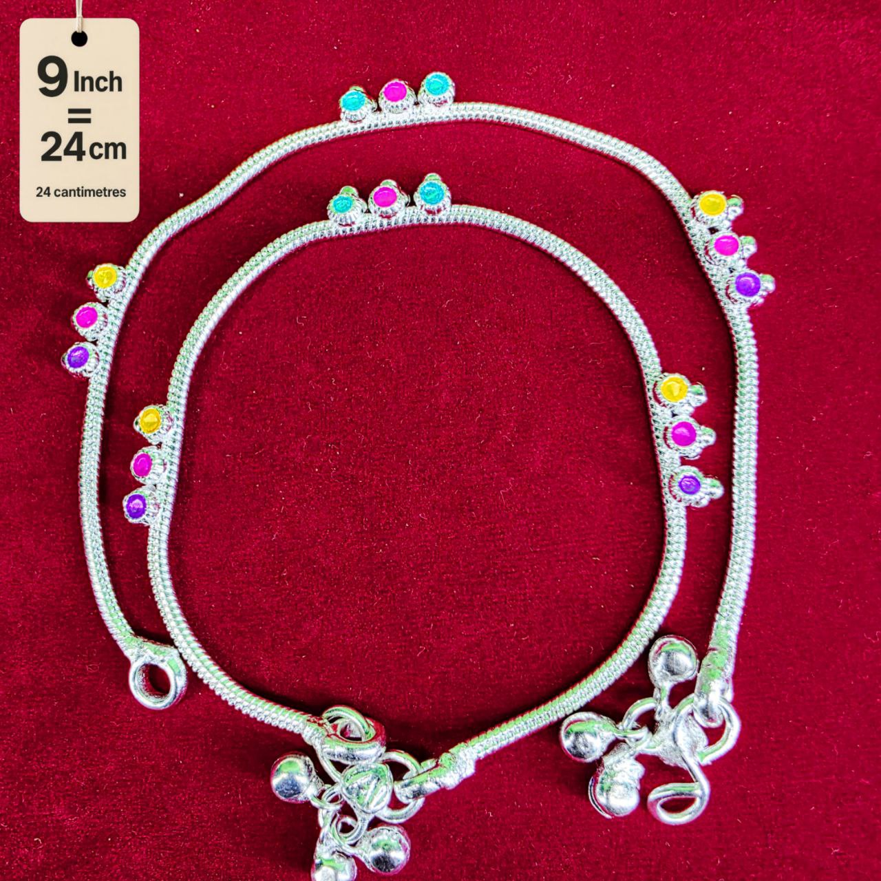Anklet light weight German silver anklet tradetional desin with multi color doted anklet set of 2-9 Inch