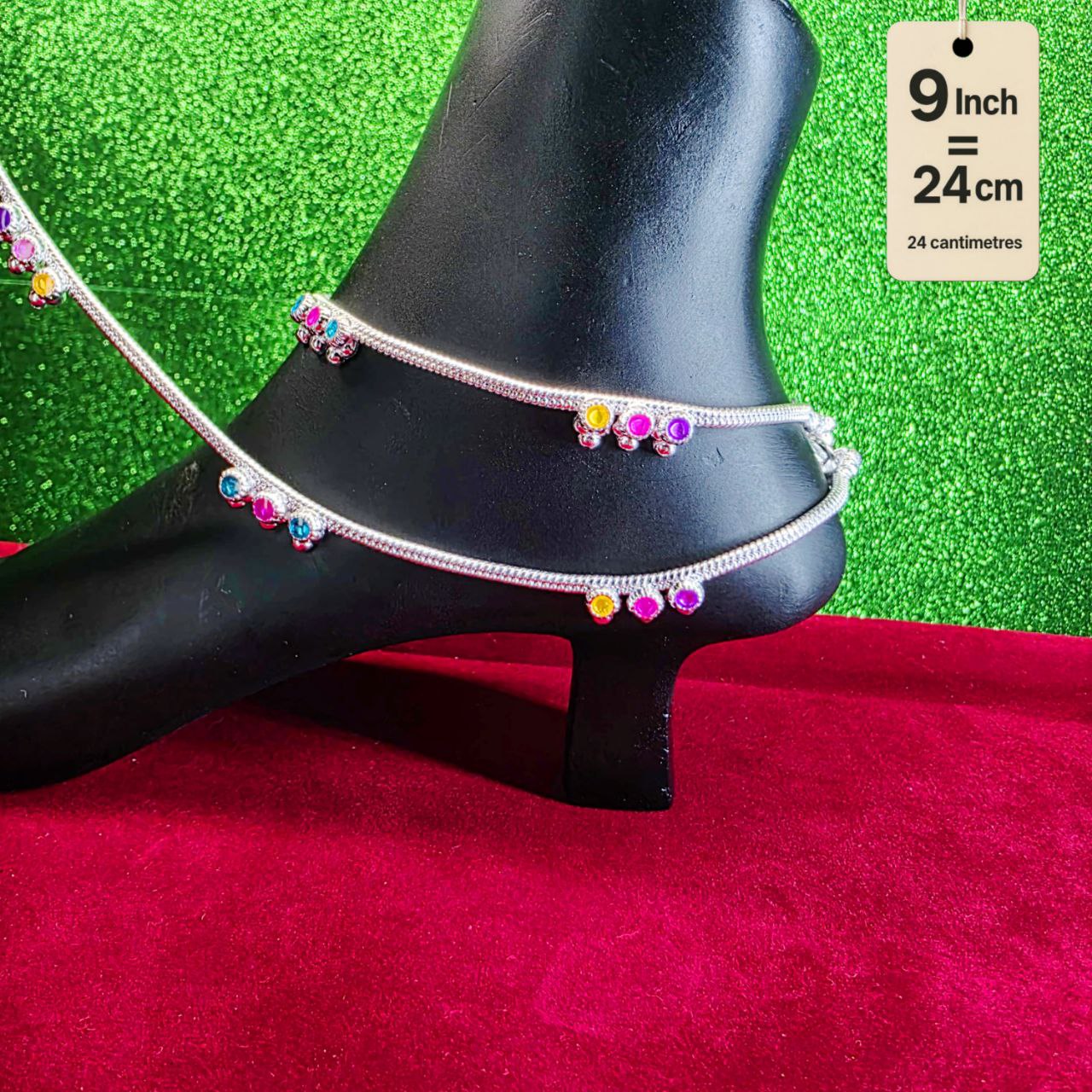 Anklet light weight German silver anklet tradetional desin with multi color doted anklet set of 2-9 Inch