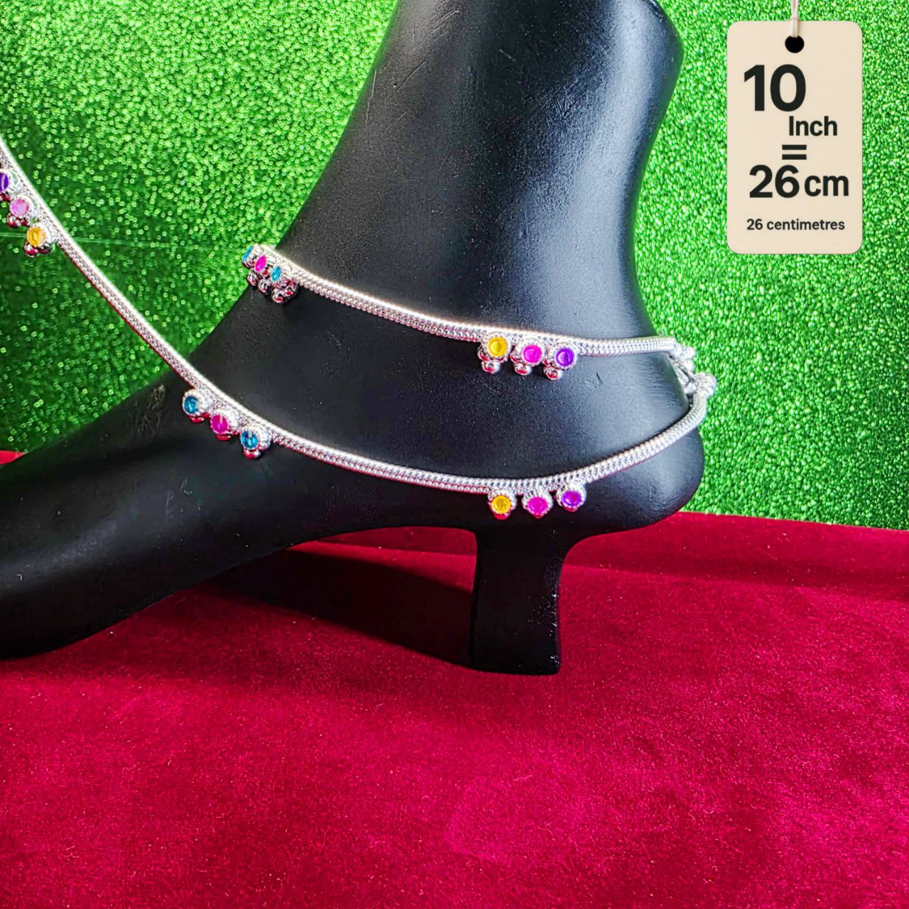 Anklet light weight German silver anklet tradetional desin with multi color doted anklet set of 2-10 Inch