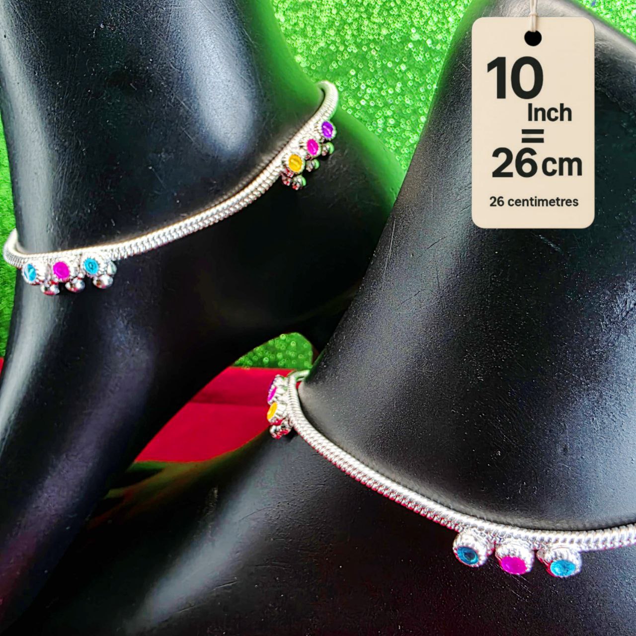 Anklet light weight German silver anklet tradetional desin with multi color doted anklet set of 2-10 Inch