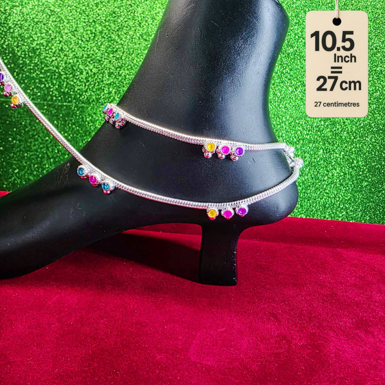 Anklet light weight German silver anklet tradetional desin with multi color doted anklet set of 2-10.5 Inch