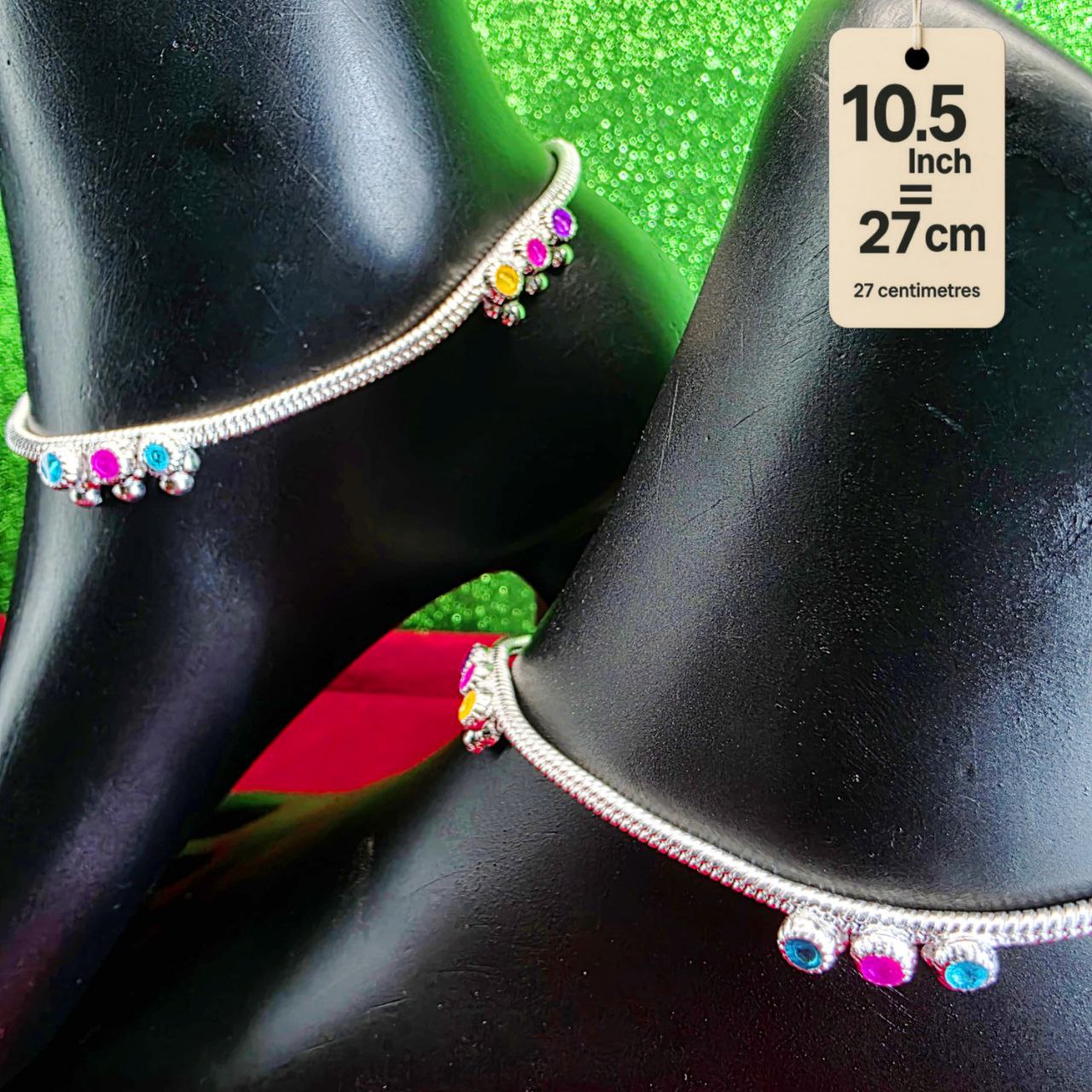 Anklet light weight German silver anklet tradetional desin with multi color doted anklet set of 2-10.5 Inch