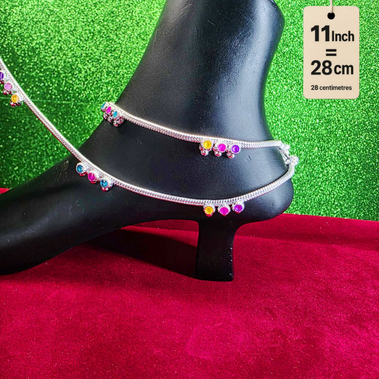Anklet light weight German silver anklet tradetional desin with multi color doted anklet set of 2-11 Inch