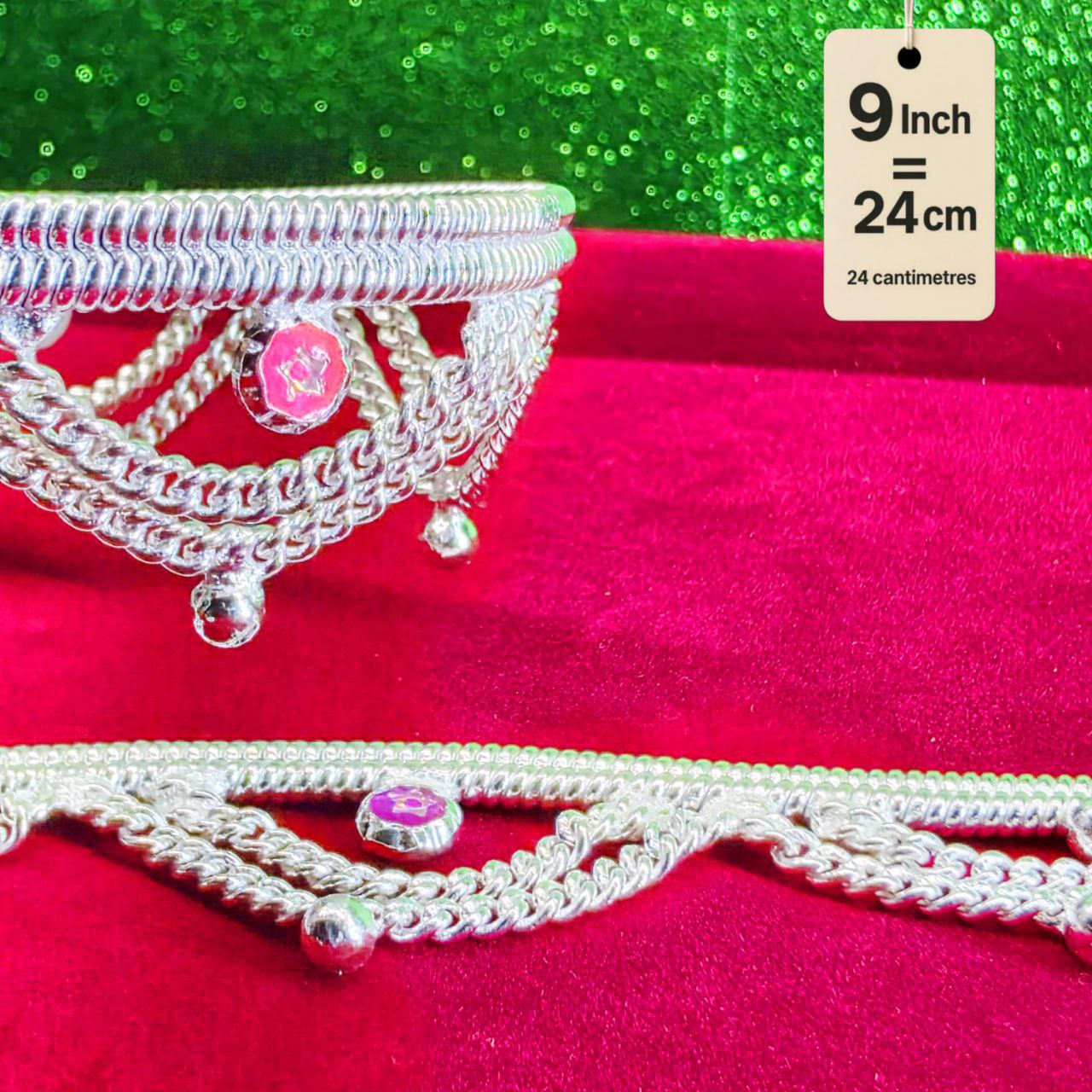 Leyerd jalra German Silver Anklets Set of 2, Design with Coloured Stones, Contemporary Style, Silver Plated-layer by layered Traditional collection -9 Inch