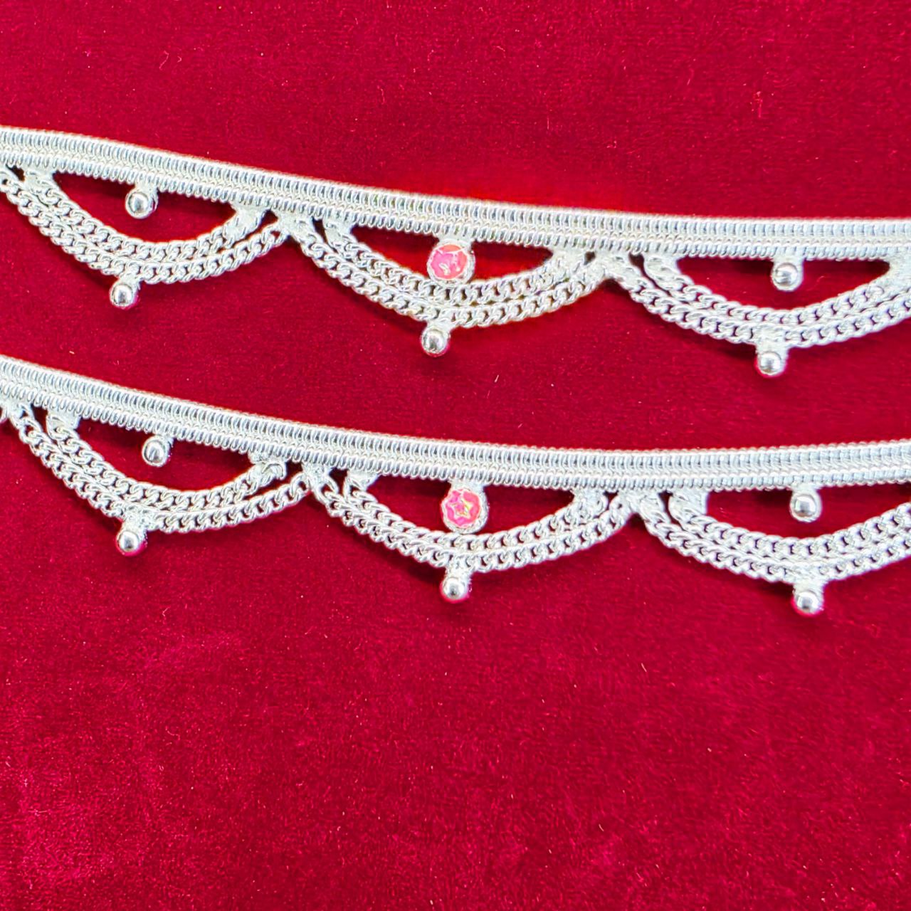 Leyerd jalra German Silver Anklets Set of 2, Design with Coloured Stones, Contemporary Style, Silver Plated-layer by layered Traditional collection -9 Inch