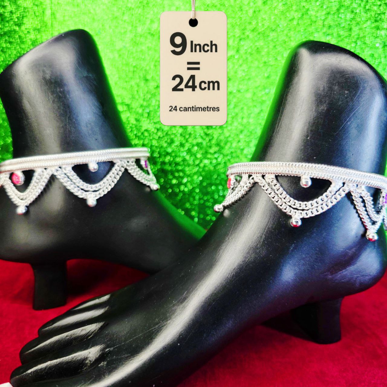 Leyerd jalra German Silver Anklets Set of 2, Design with Coloured Stones, Contemporary Style, Silver Plated-layer by layered Traditional collection -9 Inch