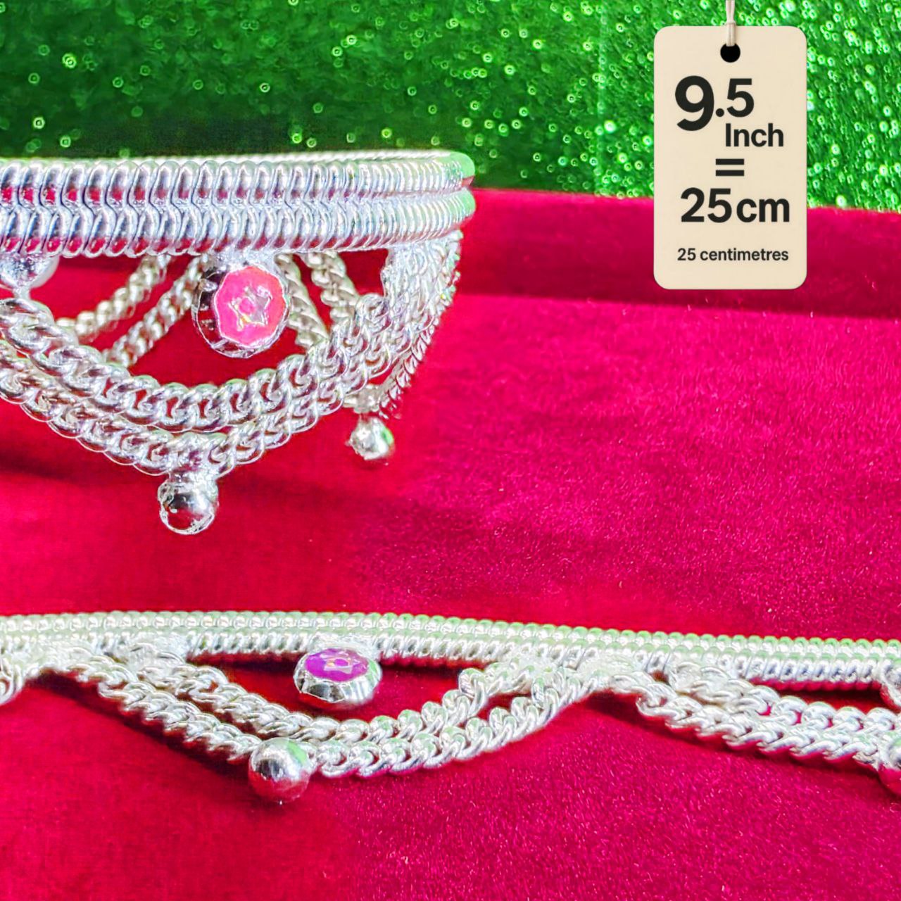 Leyerd jalra German Silver Anklets Set of 2, Design with Coloured Stones, Contemporary Style, Silver Plated-layer by layered Traditional collection -9.5 Inch