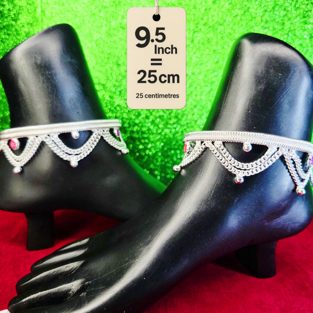 Leyerd jalra German Silver Anklets Set of 2, Design with Coloured Stones, Contemporary Style, Silver Plated-layer by layered Traditional collection -9.5 Inch