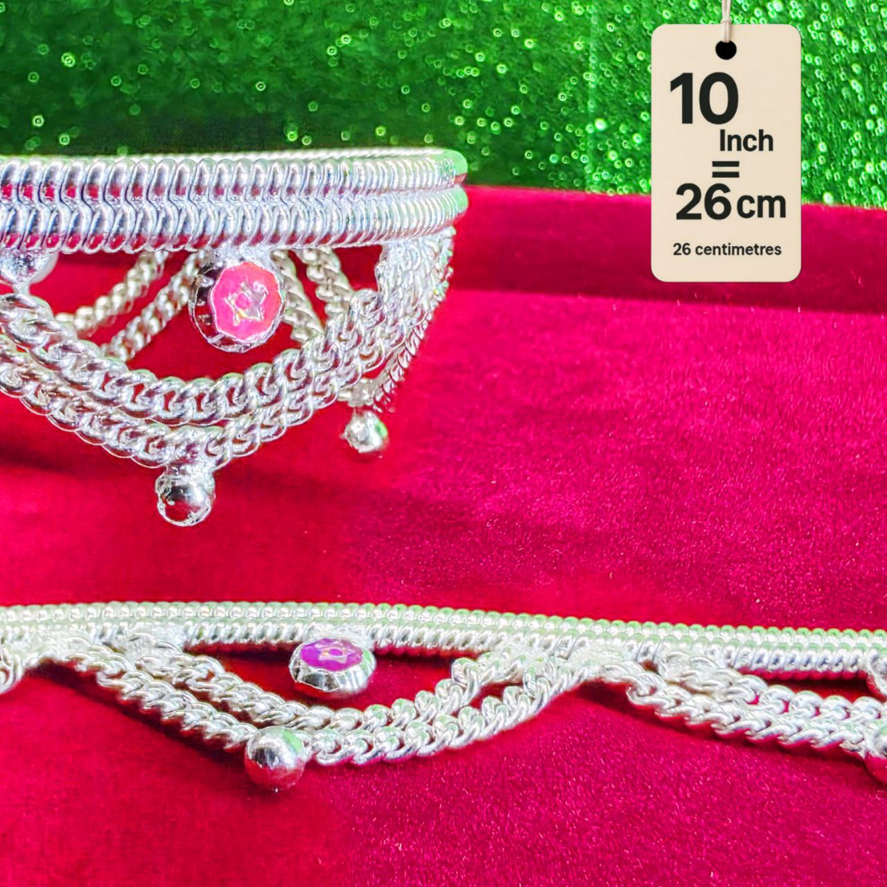 Leyerd jalra German Silver Anklets Set of 2, Design with Coloured Stones, Contemporary Style, Silver Plated-layer by layered Traditional collection -10 Inch