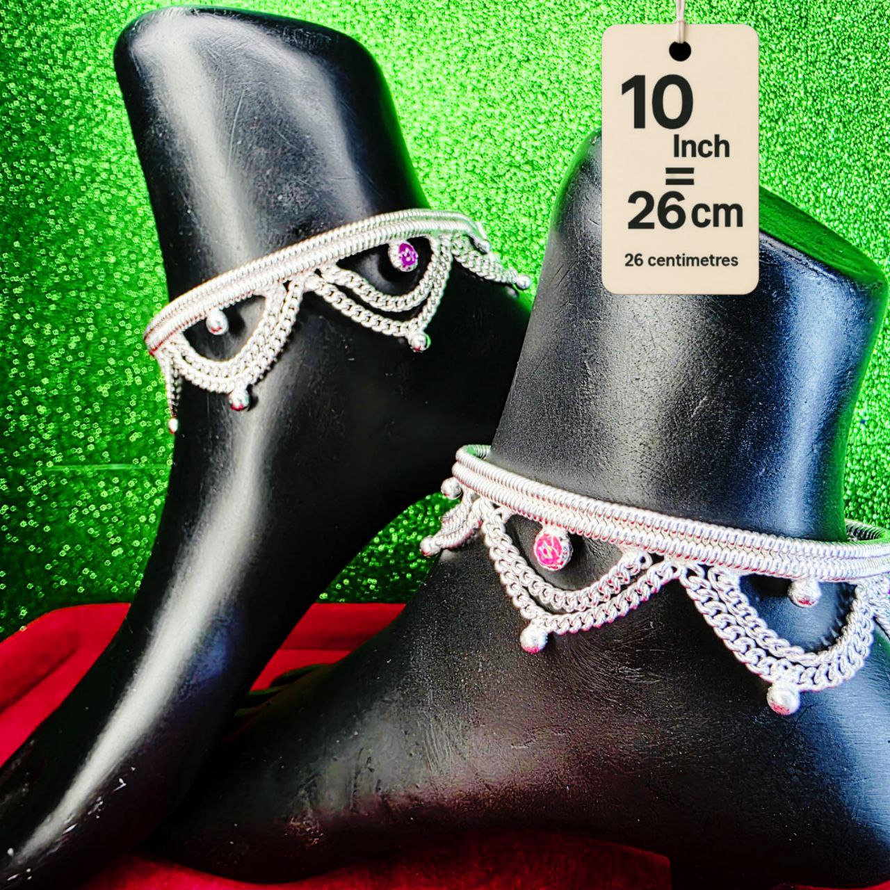 Leyerd jalra German Silver Anklets Set of 2, Design with Coloured Stones, Contemporary Style, Silver Plated-layer by layered Traditional collection -10 Inch