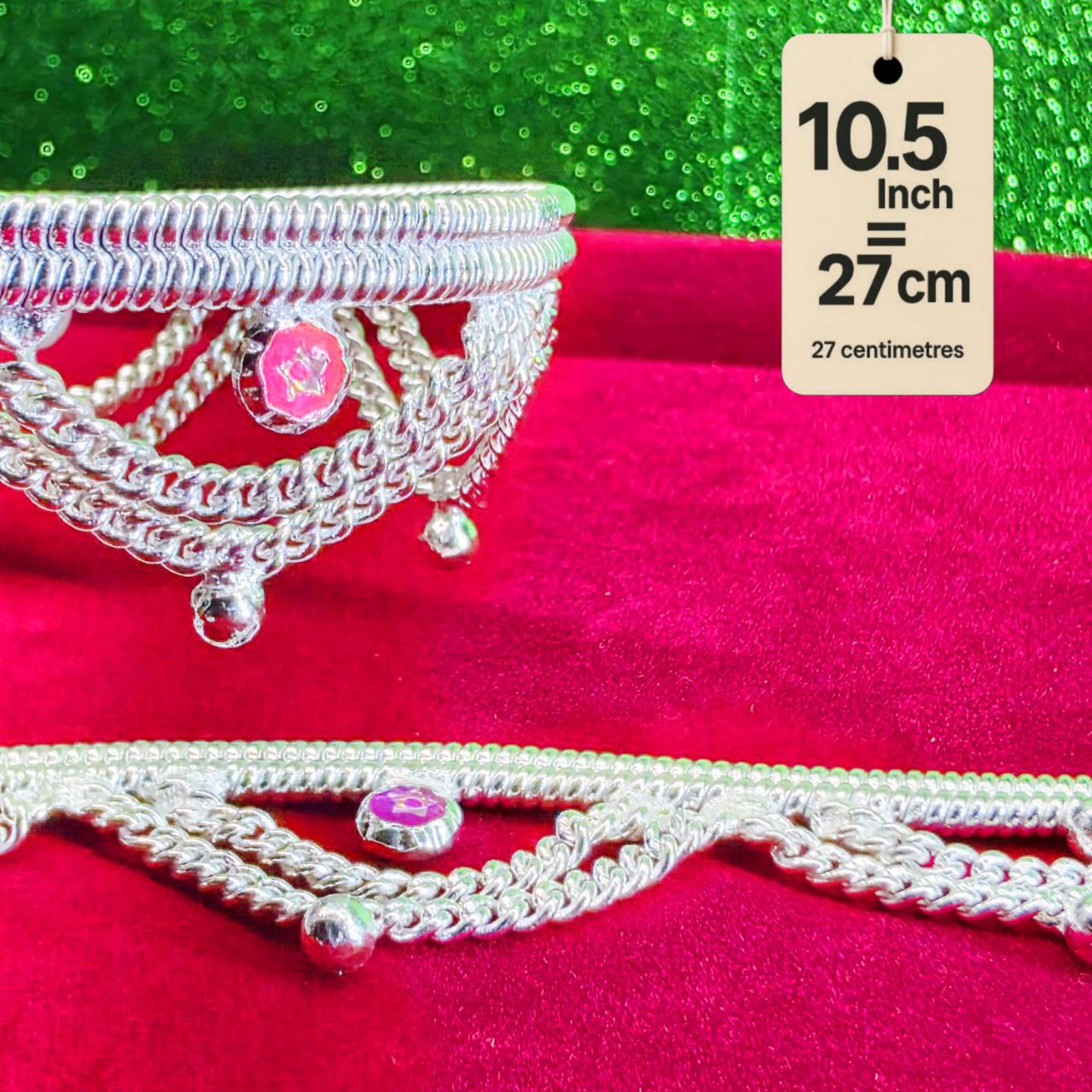 Leyerd jalra German Silver Anklets Set of 2, Design with Coloured Stones, Contemporary Style, Silver Plated-layer by layered Traditional collection -10.5 Inch