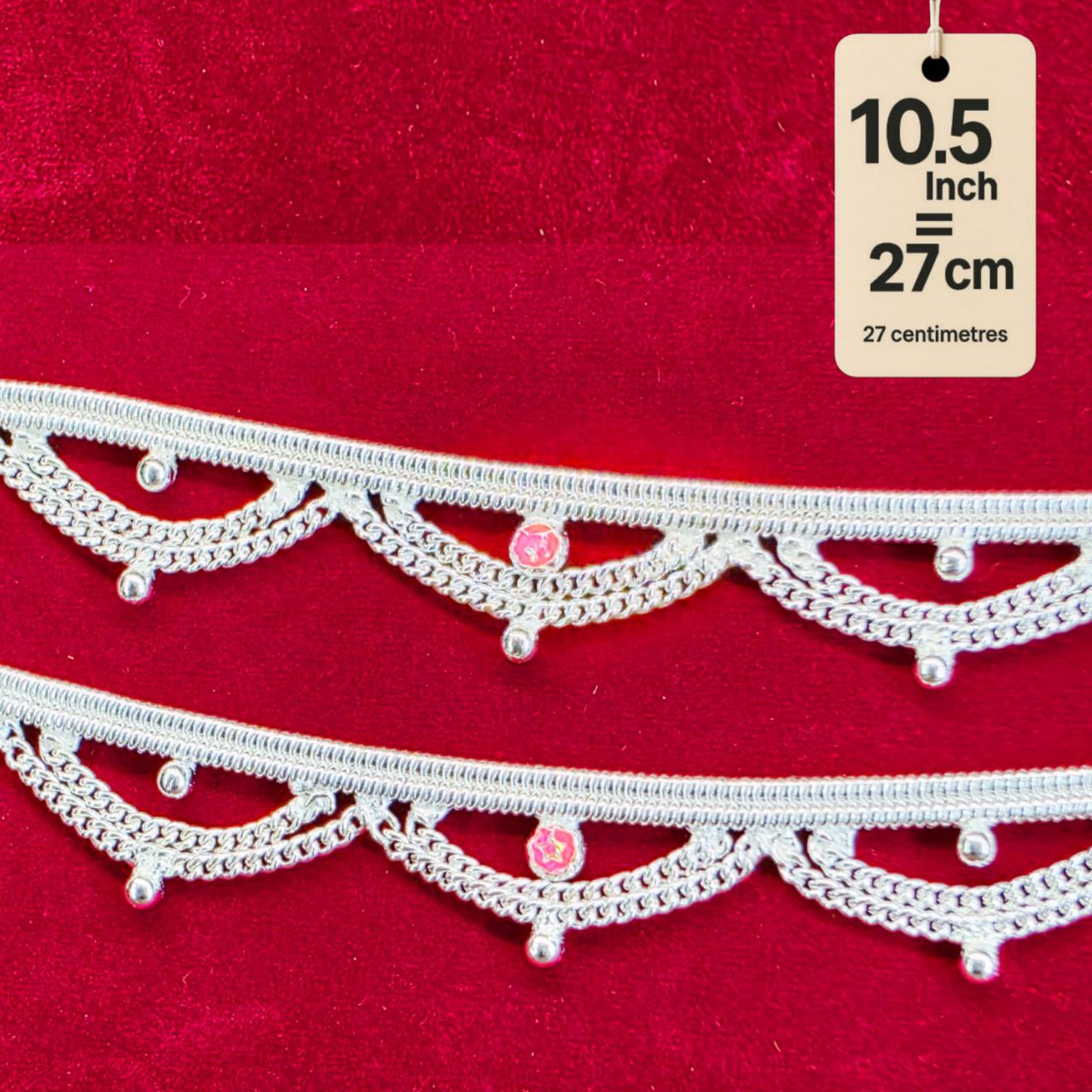 Leyerd jalra German Silver Anklets Set of 2, Design with Coloured Stones, Contemporary Style, Silver Plated-layer by layered Traditional collection -10.5 Inch