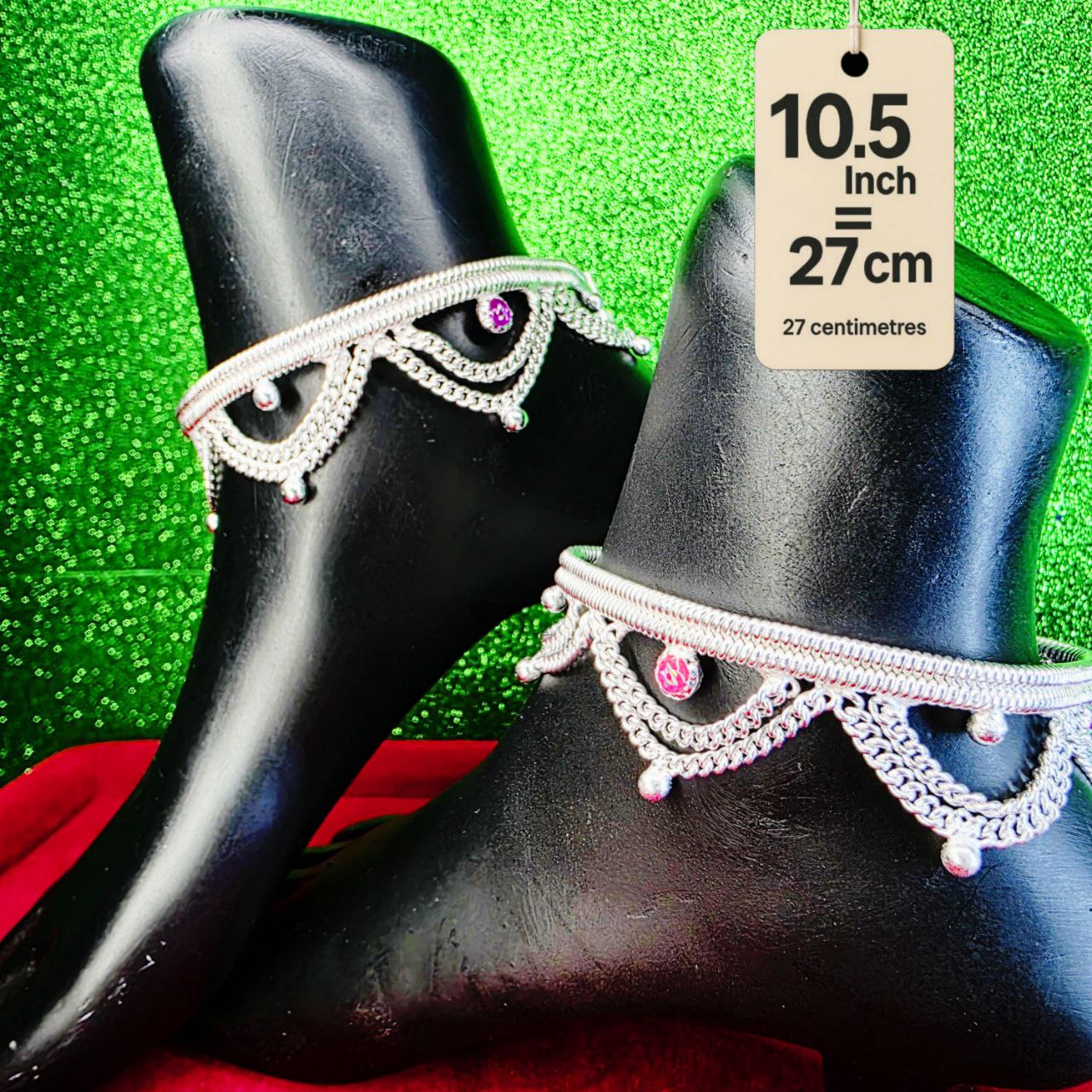 Leyerd jalra German Silver Anklets Set of 2, Design with Coloured Stones, Contemporary Style, Silver Plated-layer by layered Traditional collection -10.5 Inch