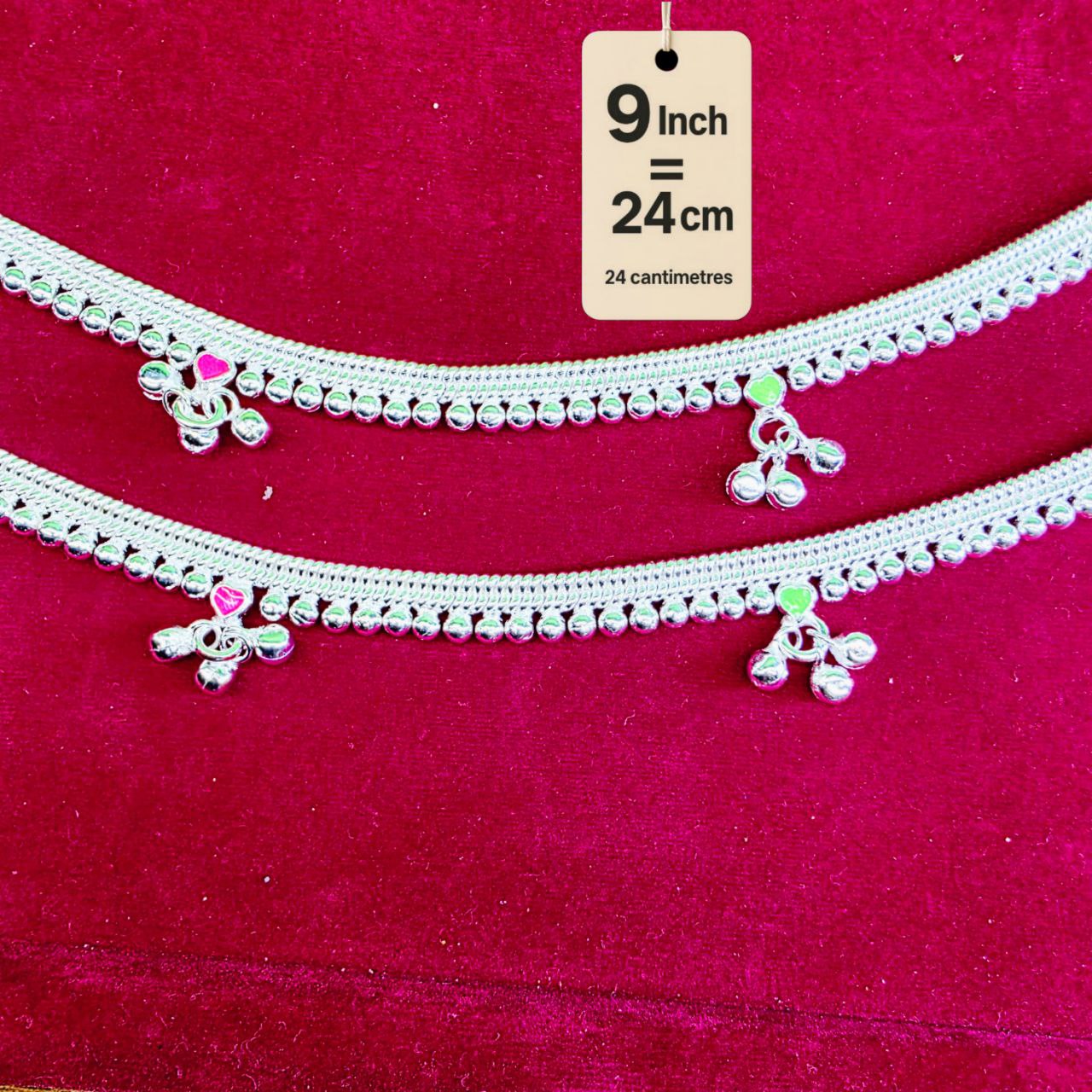 Silver-Plated German Silver Anklets with green Pink Heart symbols, Contemporary Style, Non-Adjustable, Set of 2-9Inch