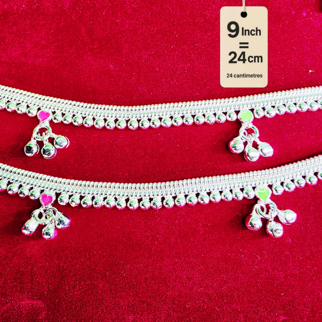 Silver-Plated German Silver Anklets with green Pink Heart symbols, Contemporary Style, Non-Adjustable, Set of 2-9Inch
