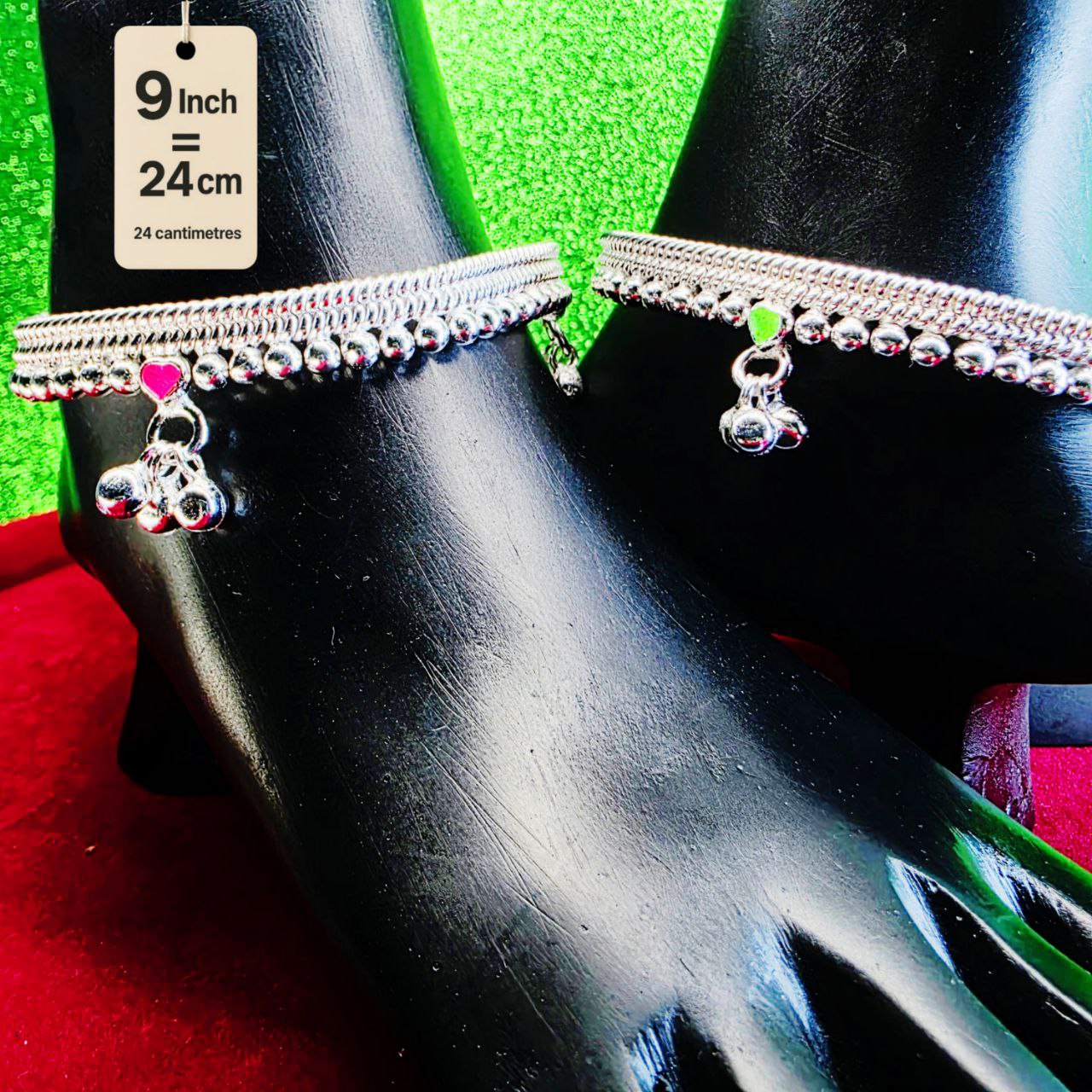 Silver-Plated German Silver Anklets with green Pink Heart symbols, Contemporary Style, Non-Adjustable, Set of 2-9Inch