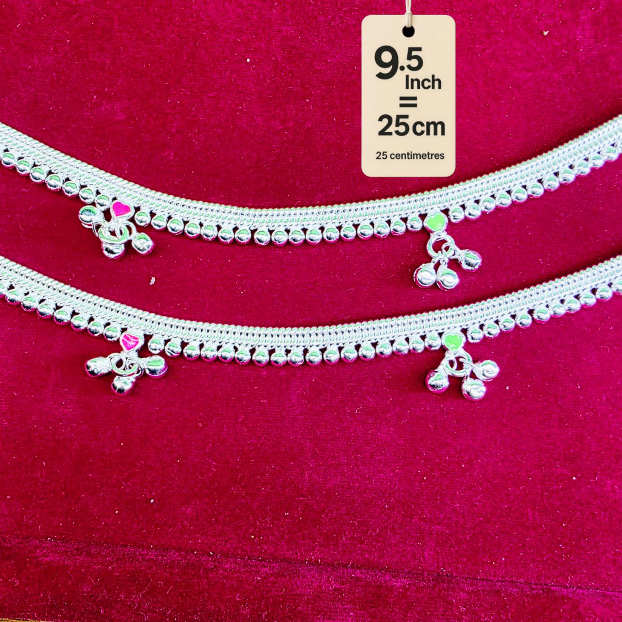 Silver-Plated German Silver Anklets with green Pink Heart symbols, Contemporary Style, Non-Adjustable, Set of 2-9.5 Inch