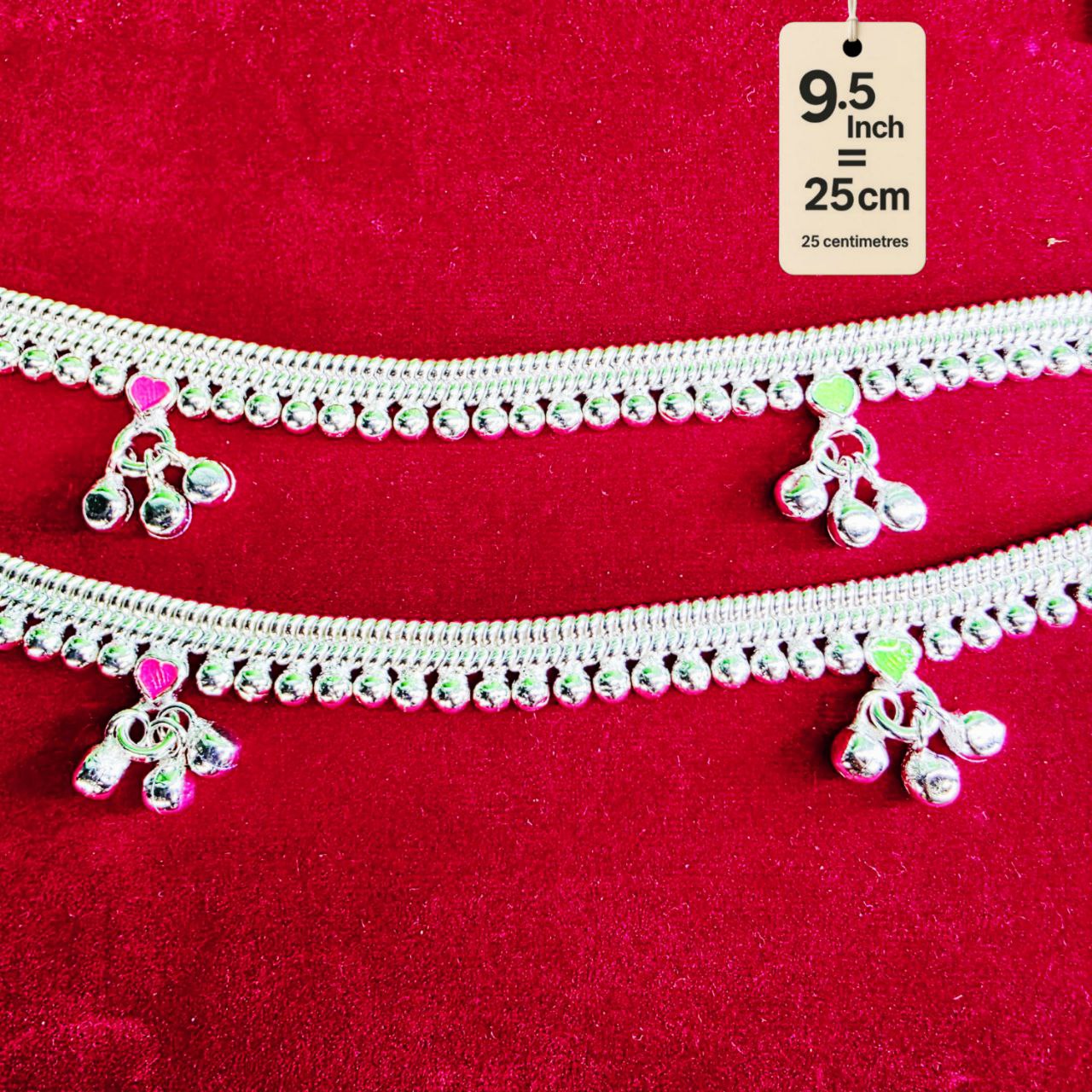 Silver-Plated German Silver Anklets with green Pink Heart symbols, Contemporary Style, Non-Adjustable, Set of 2-9.5 Inch
