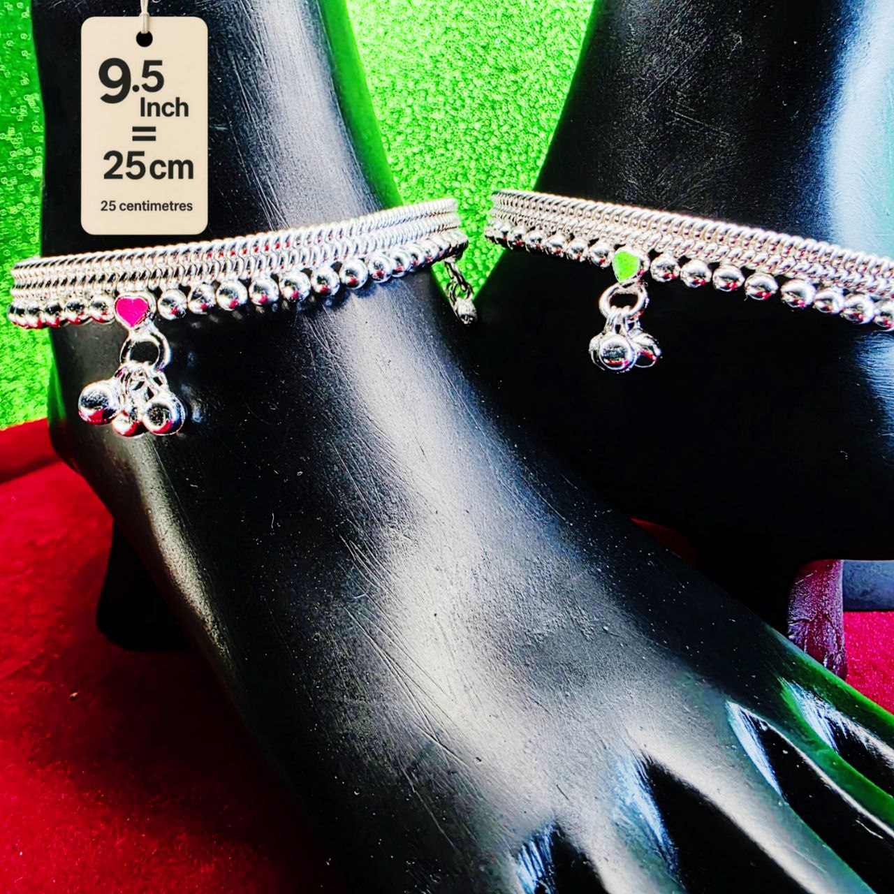 Silver-Plated German Silver Anklets with green Pink Heart symbols, Contemporary Style, Non-Adjustable, Set of 2-9.5 Inch