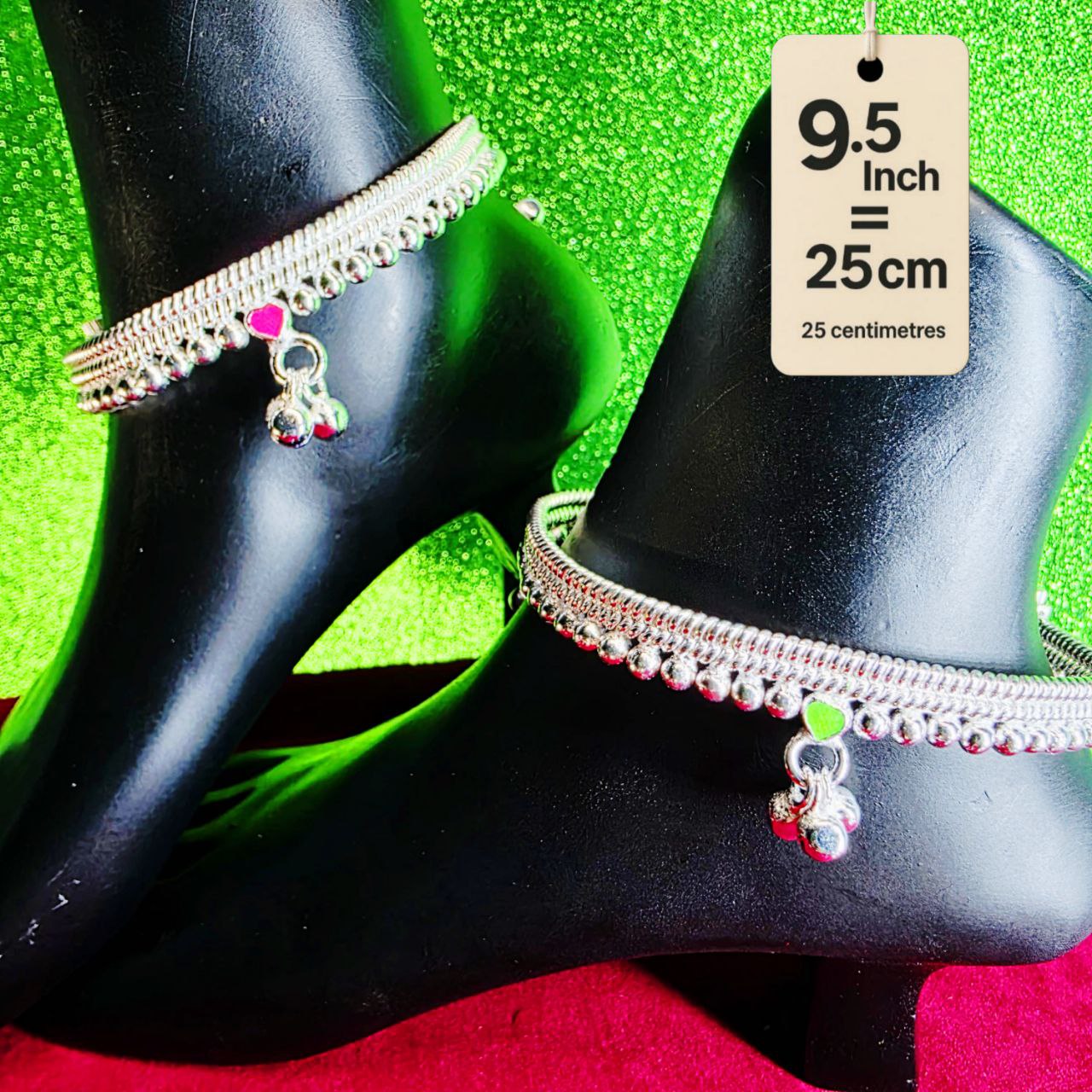 Silver-Plated German Silver Anklets with green Pink Heart symbols, Contemporary Style, Non-Adjustable, Set of 2-9.5 Inch