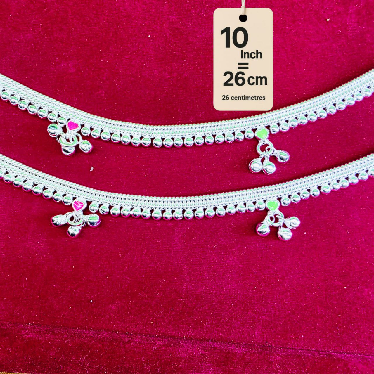 Silver-Plated German Silver Anklets with green Pink Heart symbols, Contemporary Style, Non-Adjustable, Set of 2-10 Inch