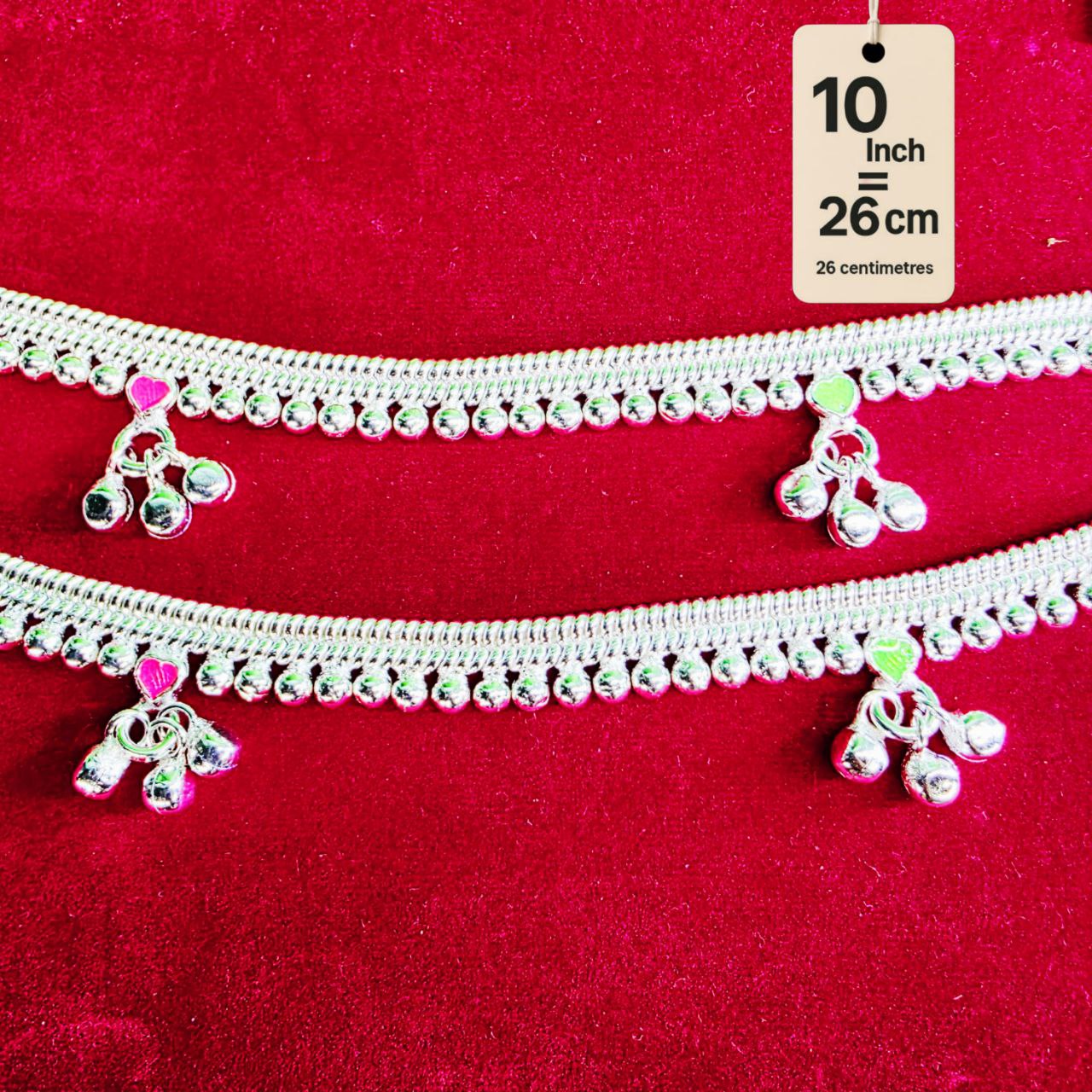 Silver-Plated German Silver Anklets with green Pink Heart symbols, Contemporary Style, Non-Adjustable, Set of 2-10 Inch