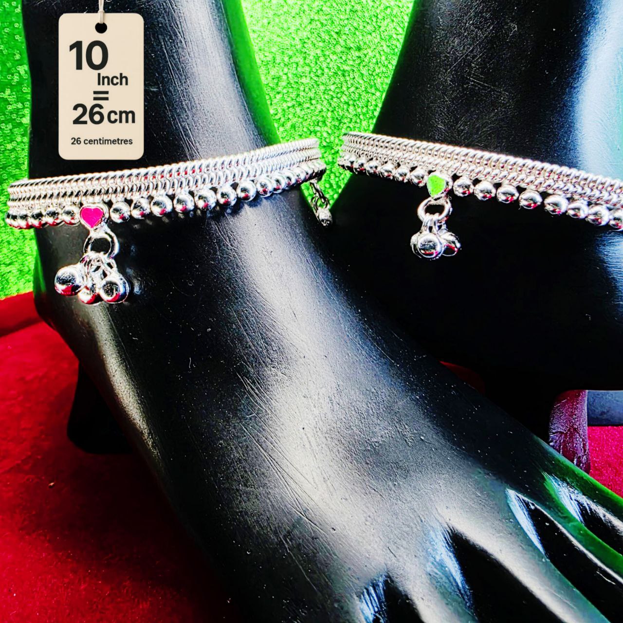 Silver-Plated German Silver Anklets with green Pink Heart symbols, Contemporary Style, Non-Adjustable, Set of 2-10 Inch