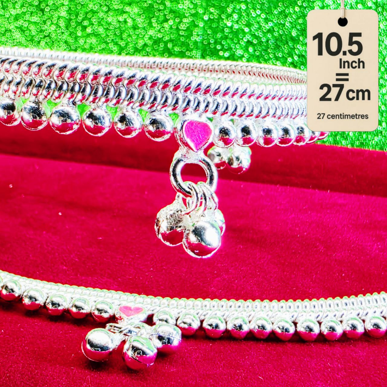 Silver-Plated German Silver Anklets with green Pink Heart symbols, Contemporary Style, Non-Adjustable, Set of 2-10.5 Inch
