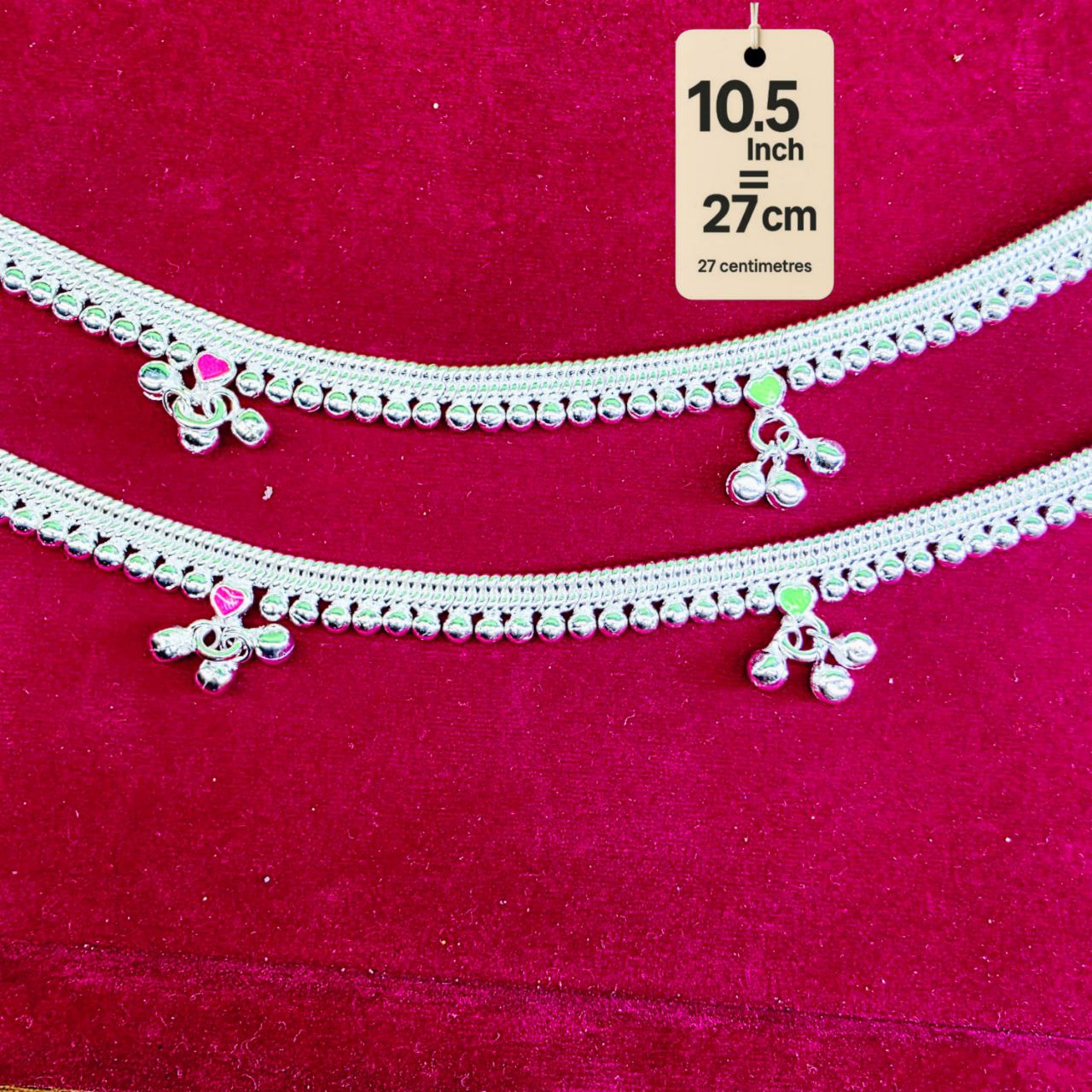 Silver-Plated German Silver Anklets with green Pink Heart symbols, Contemporary Style, Non-Adjustable, Set of 2-10.5 Inch