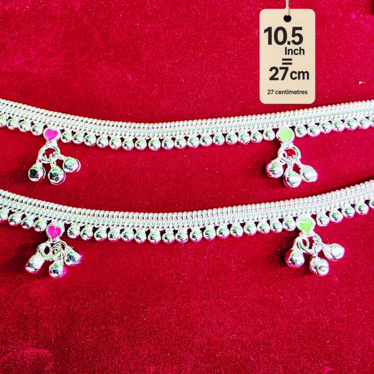 Silver-Plated German Silver Anklets with green Pink Heart symbols, Contemporary Style, Non-Adjustable, Set of 2-10.5 Inch