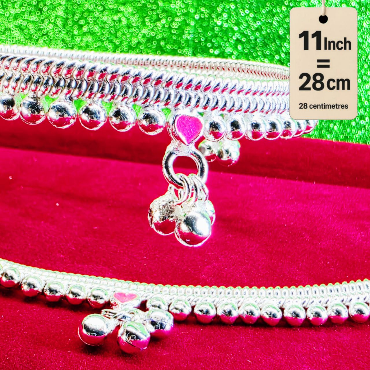 Silver-Plated German Silver Anklets with green Pink Heart symbols, Contemporary Style, Non-Adjustable, Set of 2- 11 Inch