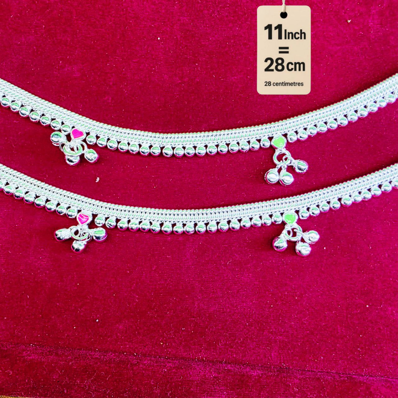 Silver-Plated German Silver Anklets with green Pink Heart symbols, Contemporary Style, Non-Adjustable, Set of 2- 11 Inch