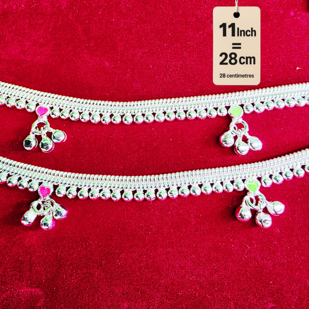 Silver-Plated German Silver Anklets with green Pink Heart symbols, Contemporary Style, Non-Adjustable, Set of 2- 11 Inch