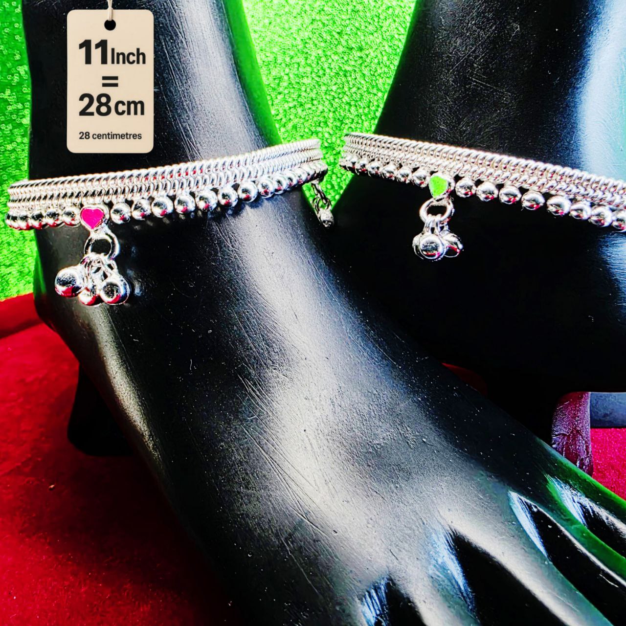 Silver-Plated German Silver Anklets with green Pink Heart symbols, Contemporary Style, Non-Adjustable, Set of 2- 11 Inch