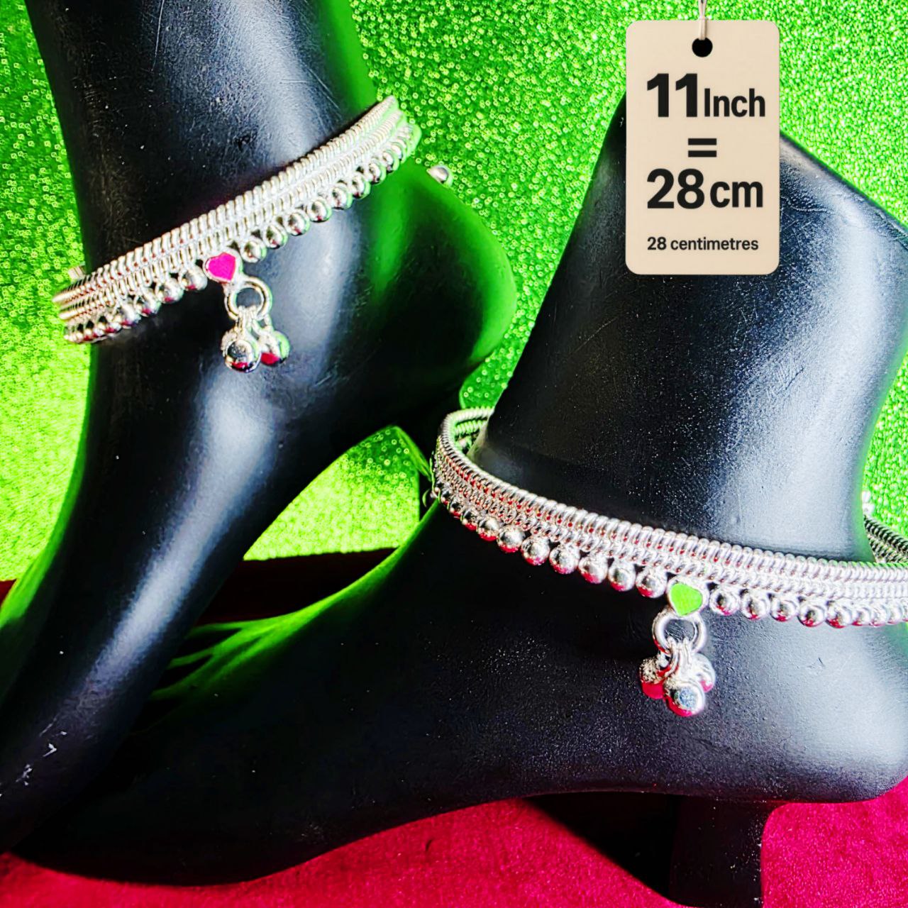 Silver-Plated German Silver Anklets with green Pink Heart symbols, Contemporary Style, Non-Adjustable, Set of 2- 11 Inch