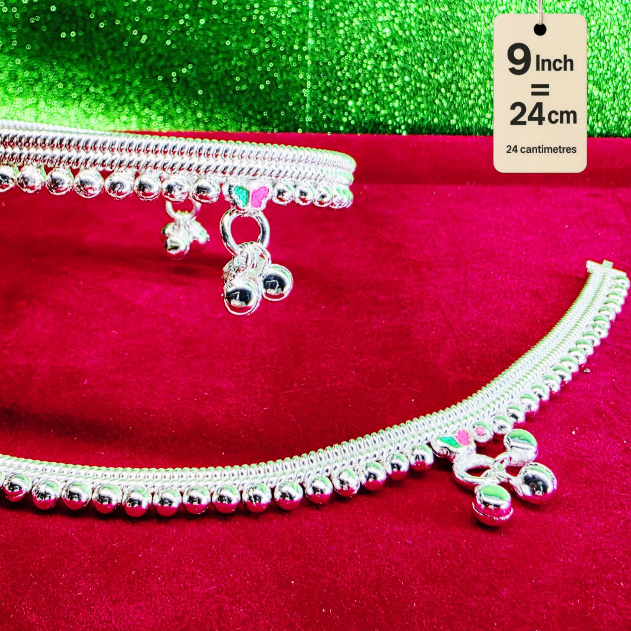 Silver-Plated German Silver Anklets with green Pink butterfly, Contemporary Style, Non-Adjustable, Set of 2-9 Inch