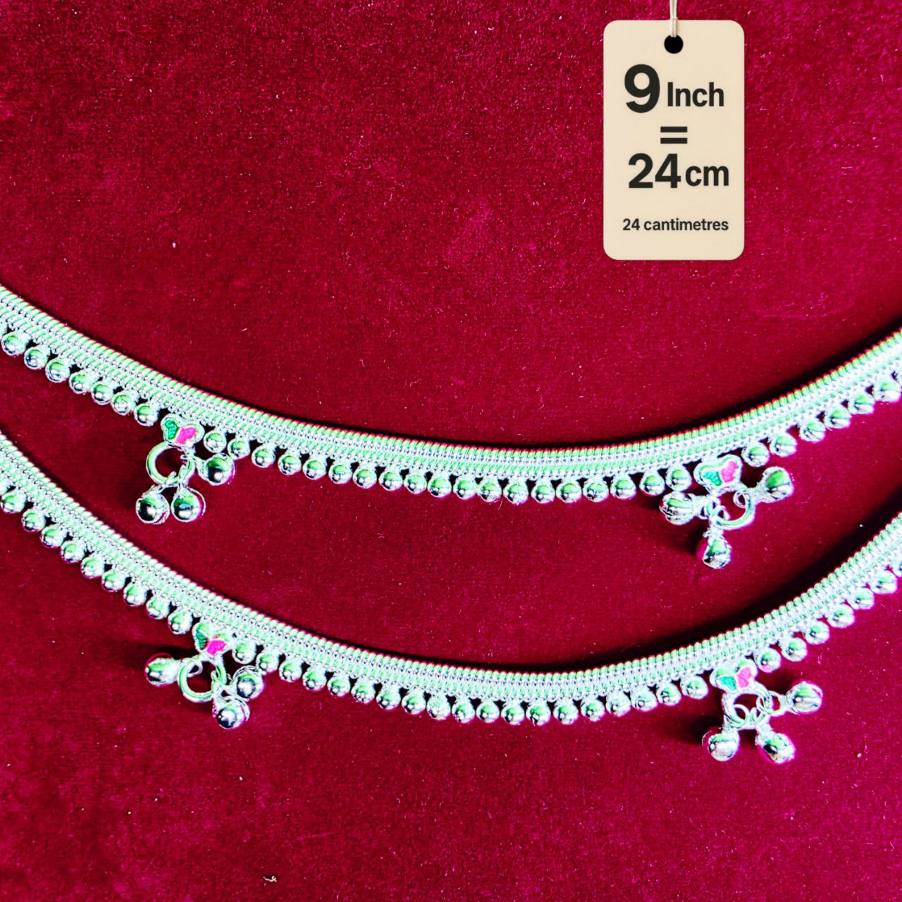 Silver-Plated German Silver Anklets with green Pink butterfly, Contemporary Style, Non-Adjustable, Set of 2-9 Inch