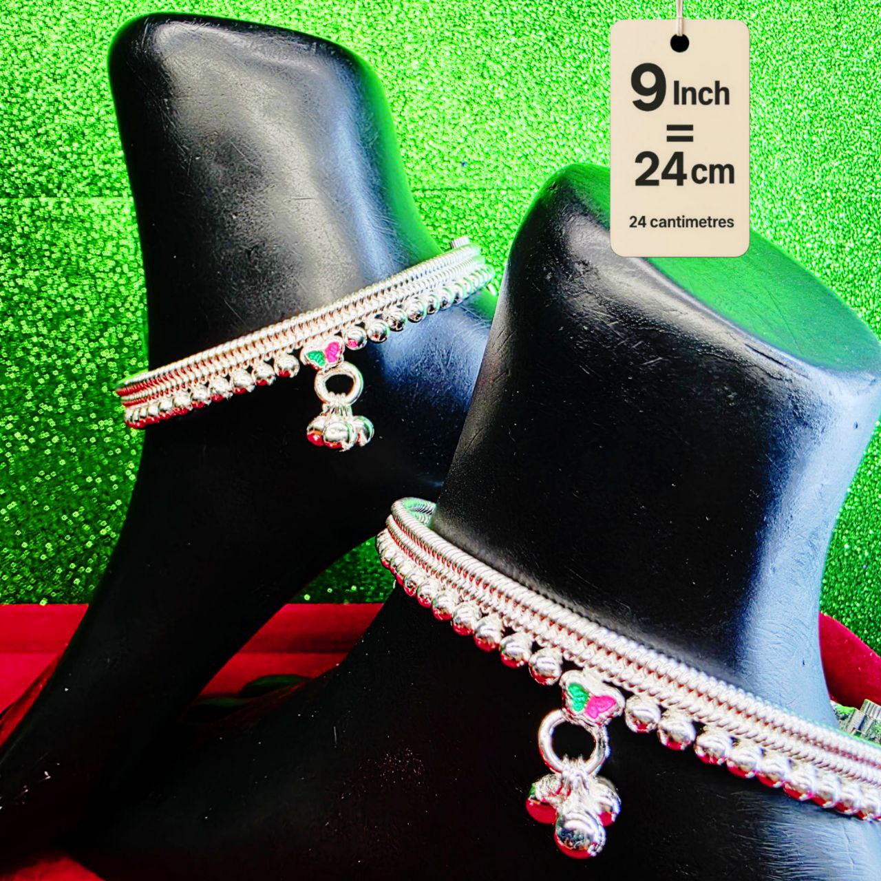 Silver-Plated German Silver Anklets with green Pink butterfly, Contemporary Style, Non-Adjustable, Set of 2-9 Inch