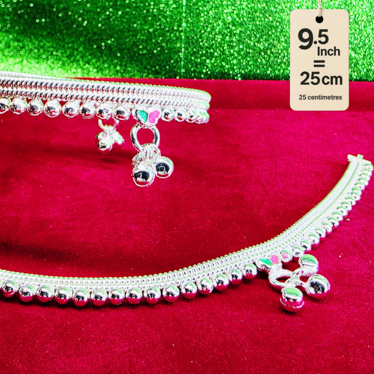 Silver-Plated German Silver Anklets with green Pink butterfly, Contemporary Style, Non-Adjustable, Set of 2-9.5 Inch