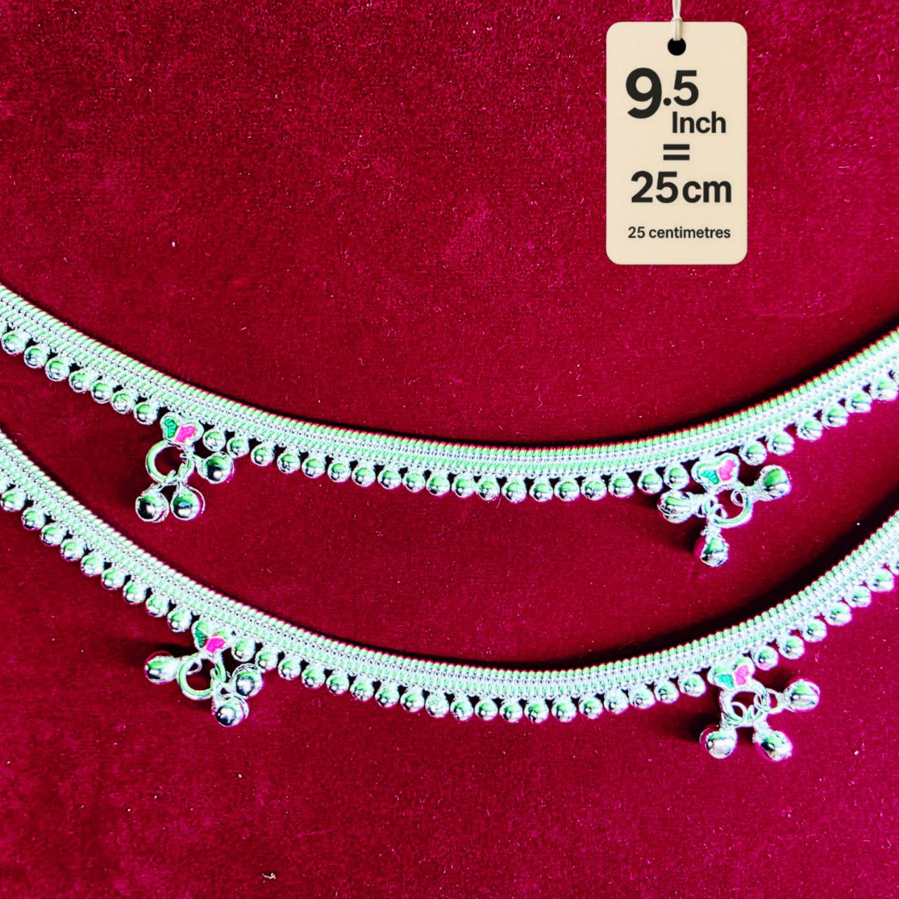 Silver-Plated German Silver Anklets with green Pink butterfly, Contemporary Style, Non-Adjustable, Set of 2-9.5 Inch