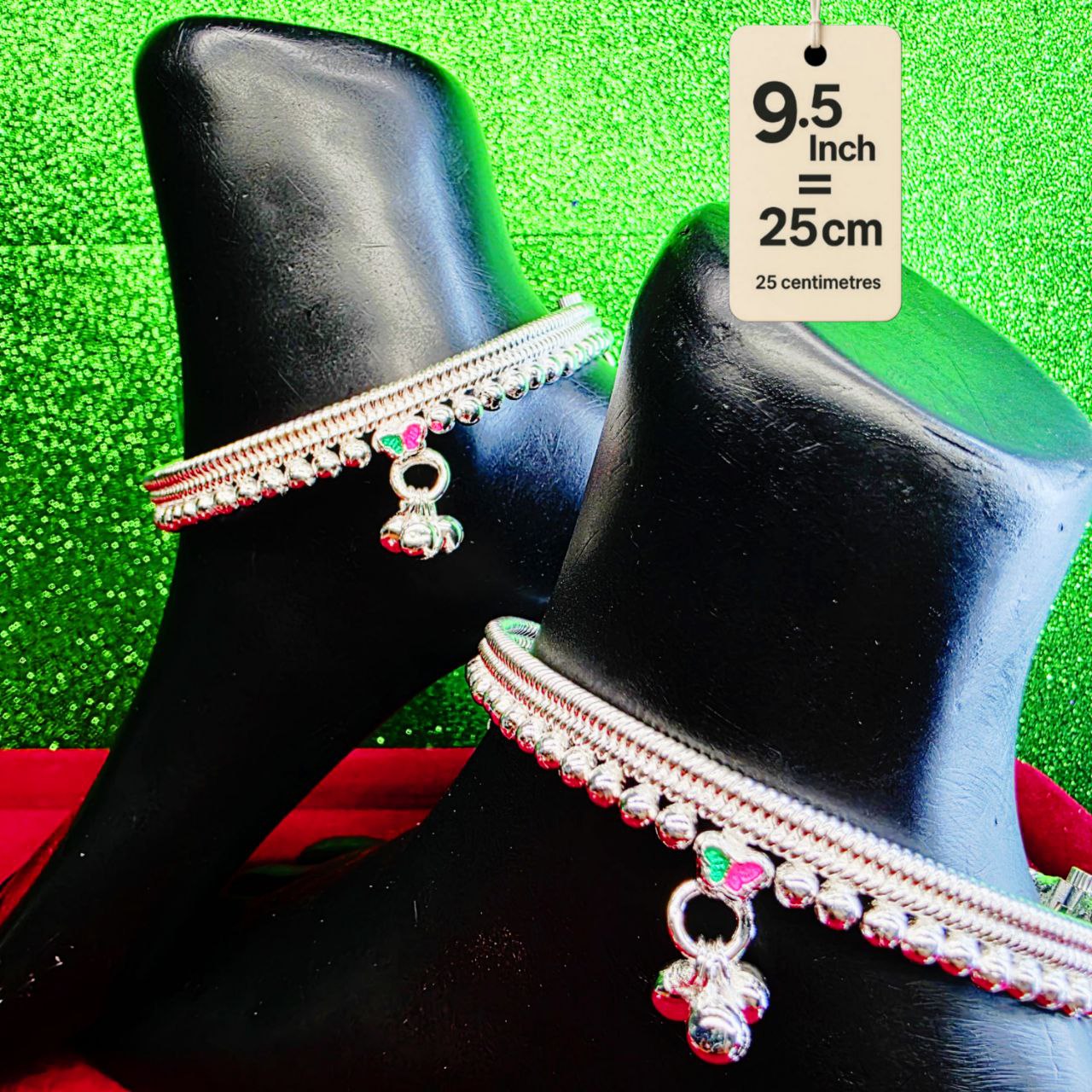 Silver-Plated German Silver Anklets with green Pink butterfly, Contemporary Style, Non-Adjustable, Set of 2-9.5 Inch