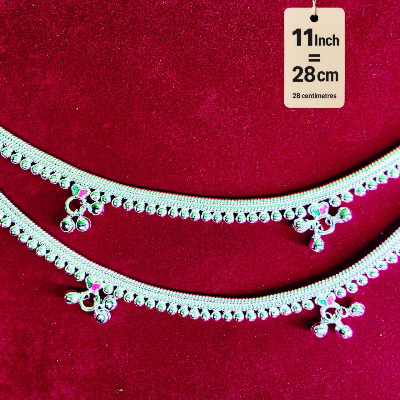 Silver-Plated German Silver Anklets with green Pink butterfly, Contemporary Style, Non-Adjustable, Set of 2-11 Inch