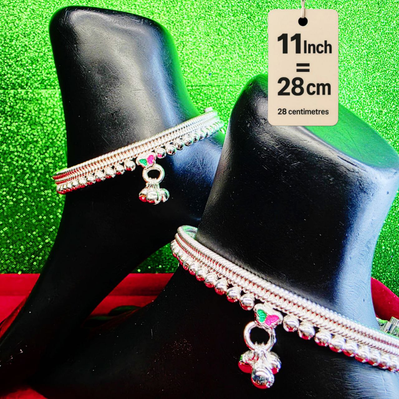 Silver-Plated German Silver Anklets with green Pink butterfly, Contemporary Style, Non-Adjustable, Set of 2-11 Inch