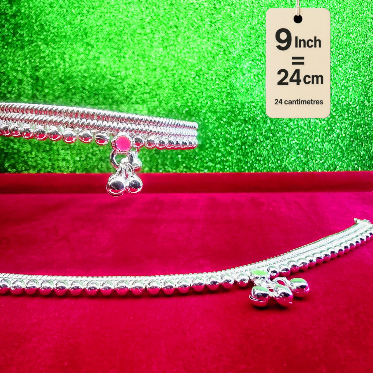 Silver-Plated German Silver Anklets with green Pink rose flower, Contemporary Style, Non-Adjustable, Set of 2-9 Inch