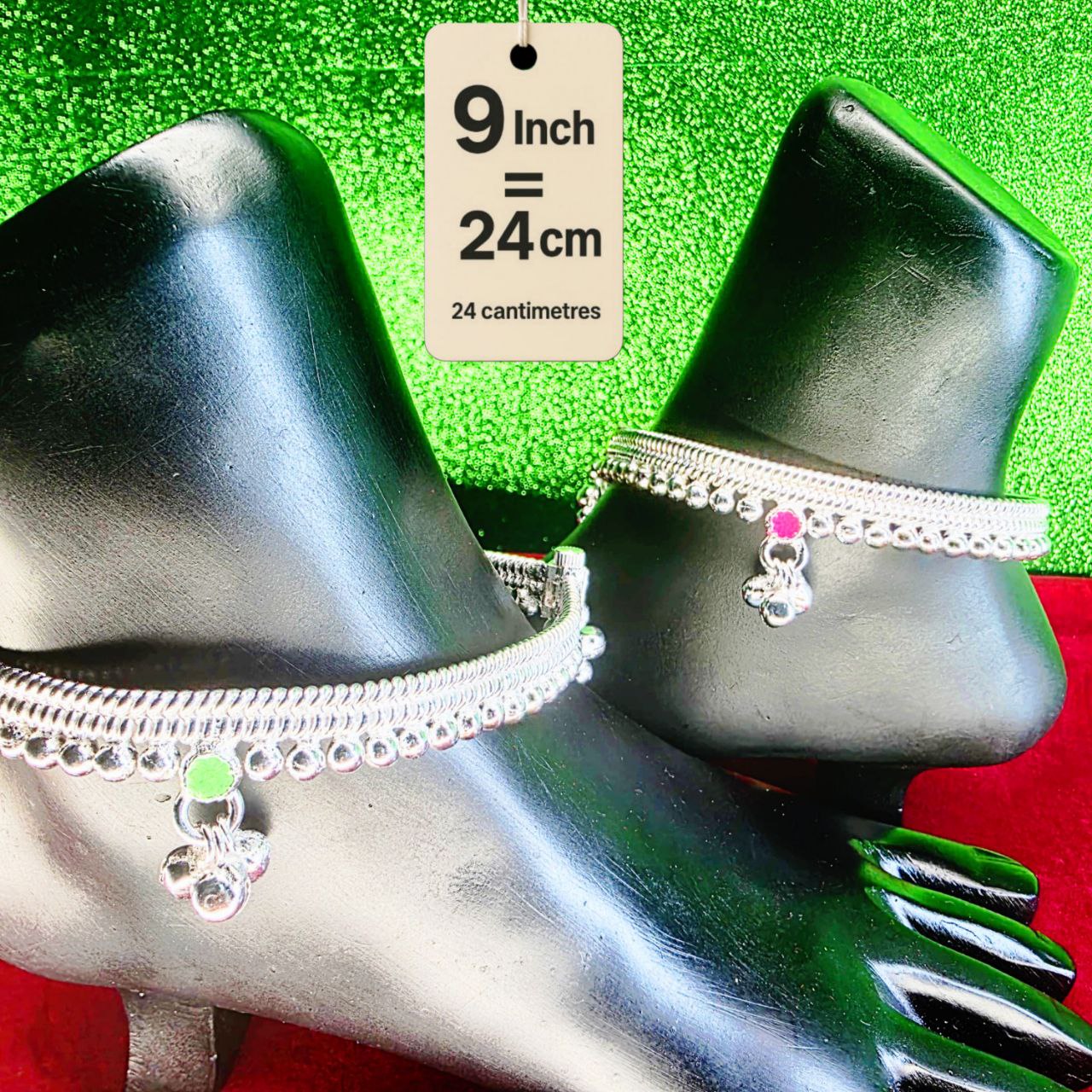 Silver-Plated German Silver Anklets with green Pink rose flower, Contemporary Style, Non-Adjustable, Set of 2-9 Inch